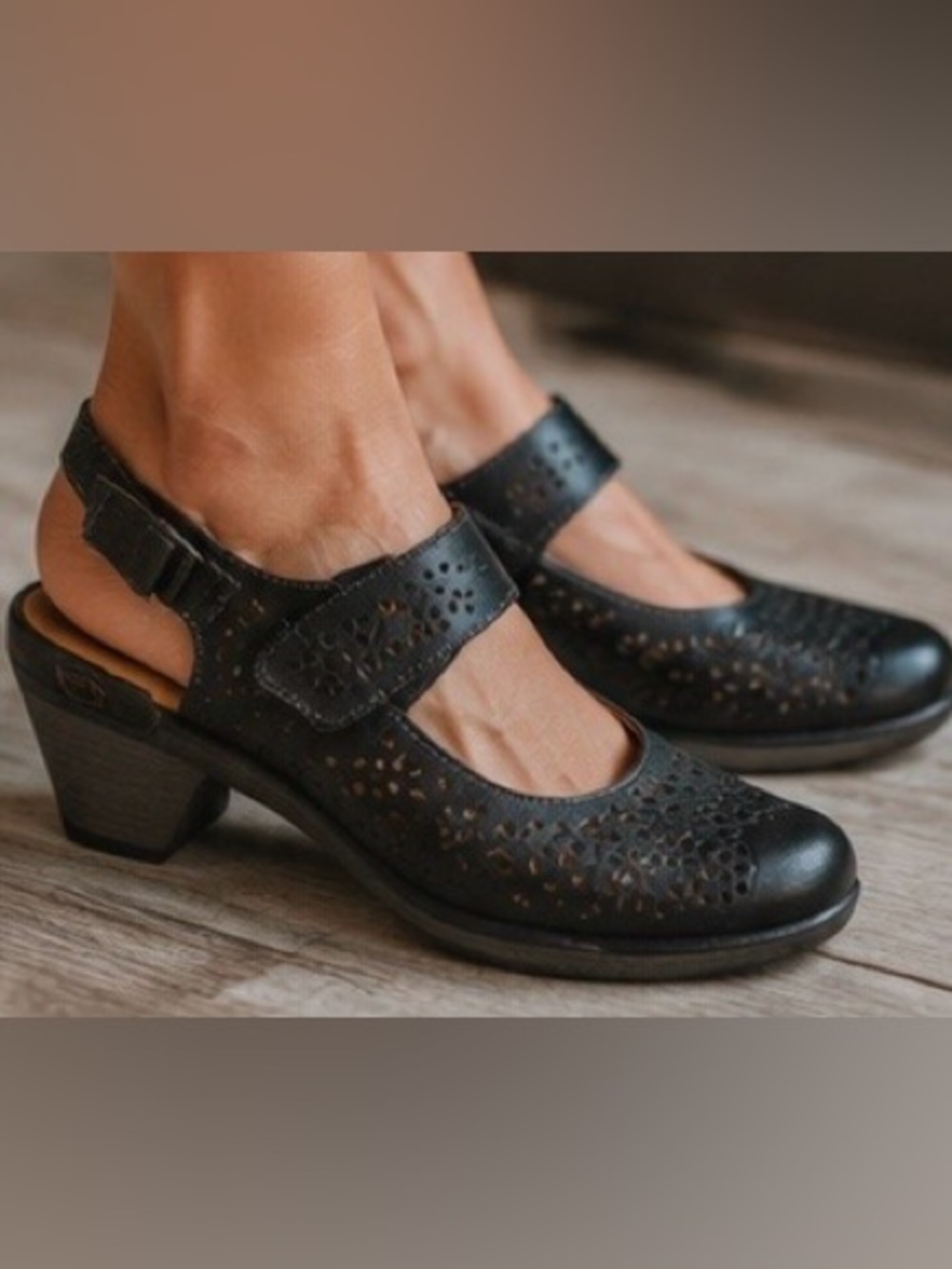 Softspots Black Leather Mary Jane Slingback Heel Shoe Floral Perforated Comfort